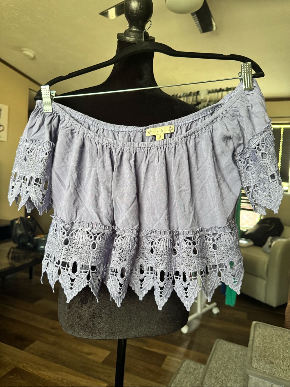 Iris Size S Lavender Off Shoulder Crochet Lace Blouse Boho Festival Top